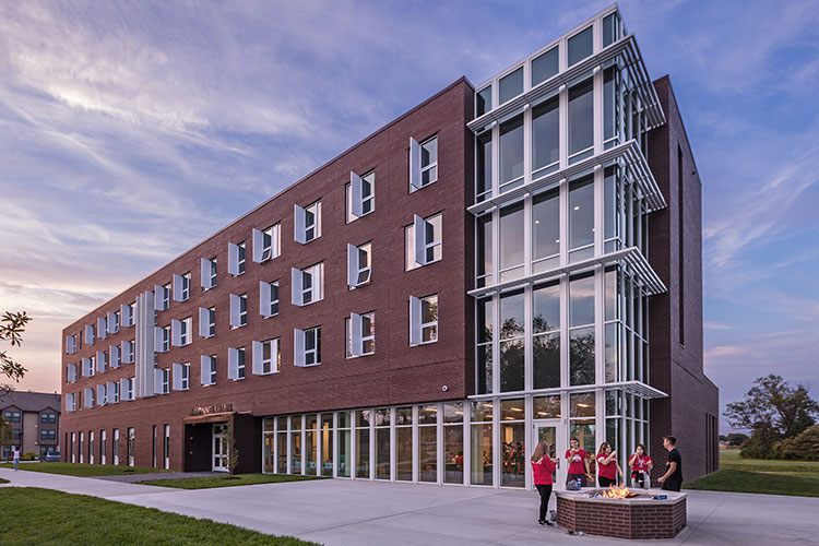 university residence hall at dusk