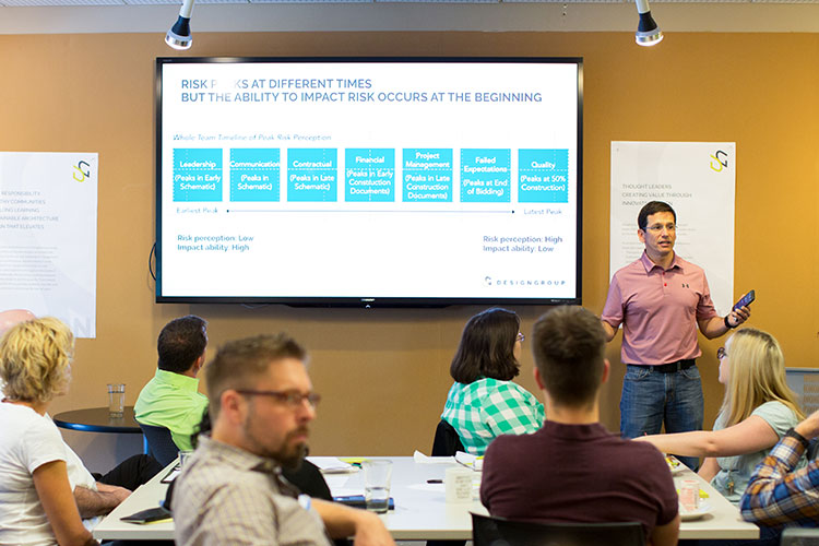 Sherm presents a slide about risk to DesignGroup staff