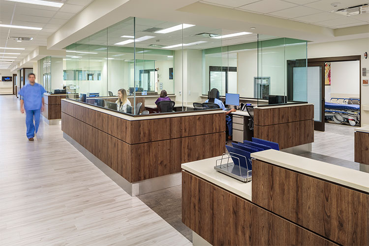 hospital staff station with glass enclosure