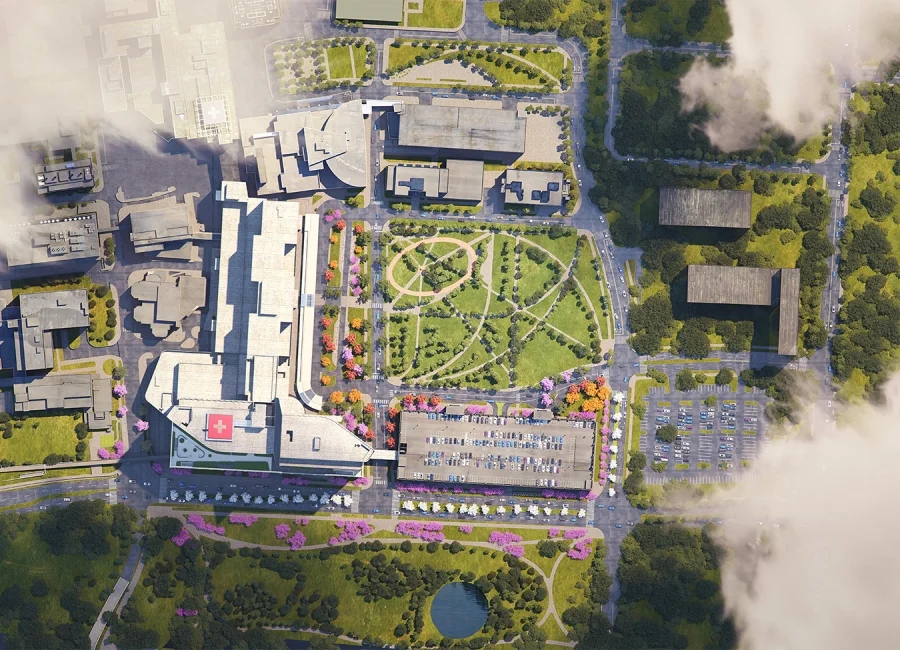 aerial rendering of hospital campus