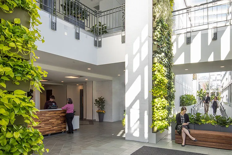 Interior of Building with plants on walls