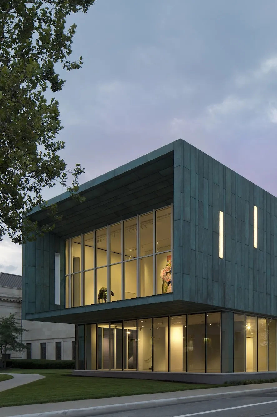 Exterior of Columbus Museum of Art at dusk, featuring the Margaret M. Walter Wing addition, a modern two story building
