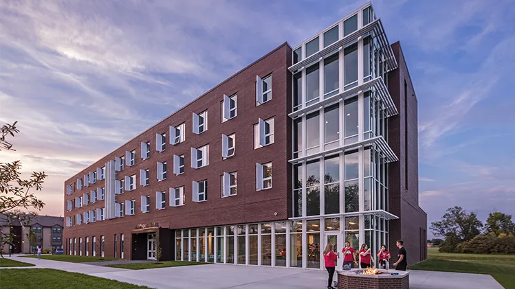 university residence hall at dusk