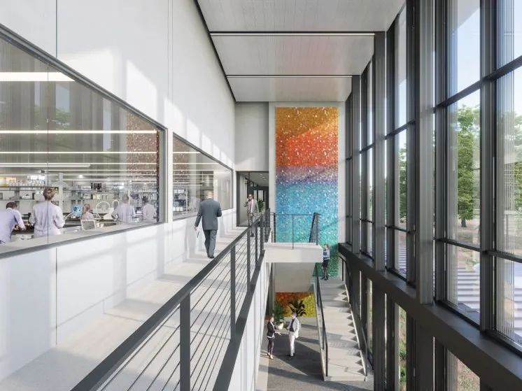 Interior corridor in a research facility.