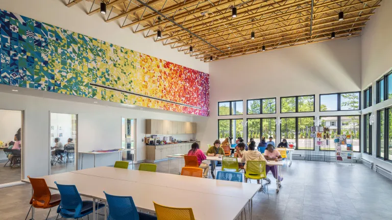 art room with colorful wall mural