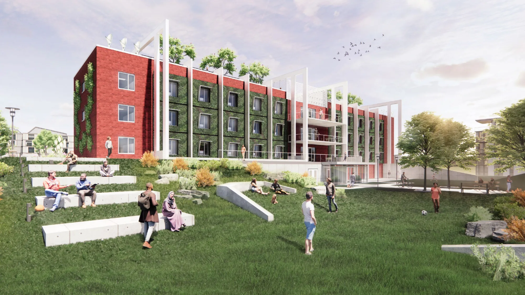 rendering of college dorm building with living wall