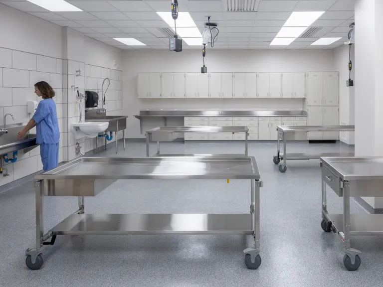 lab with stainless steel tables and woman in scrubs washing her hands
