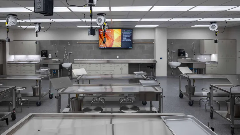 classroom with stainless steel dissection tables
