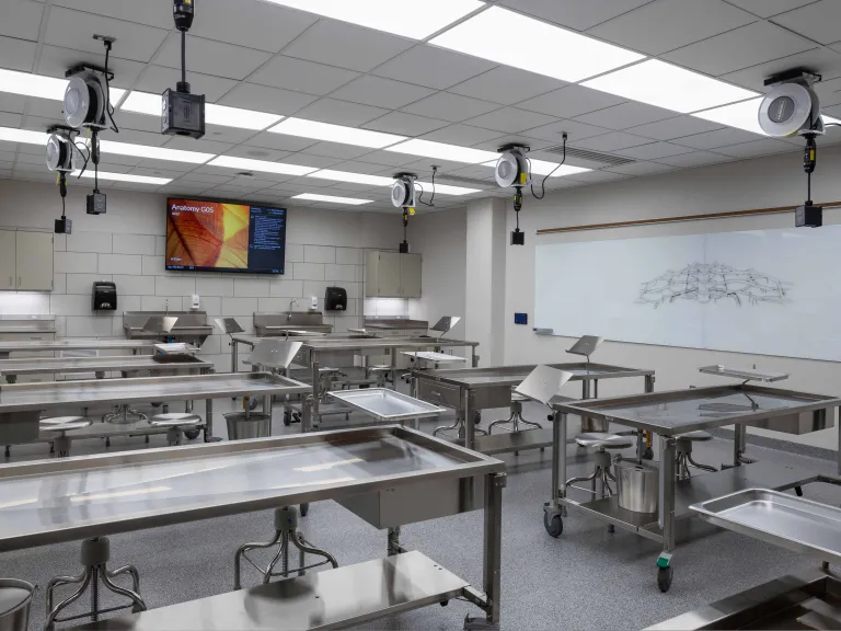 classroom with stainless steel dissection tables