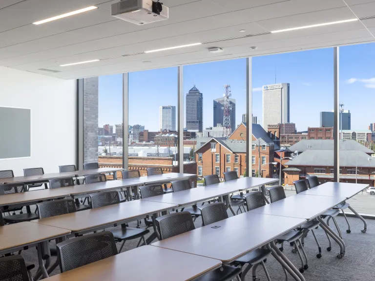 classroom with city views