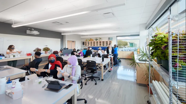 Biology classroom in Alford featuring students working at large white tables and a long counter space