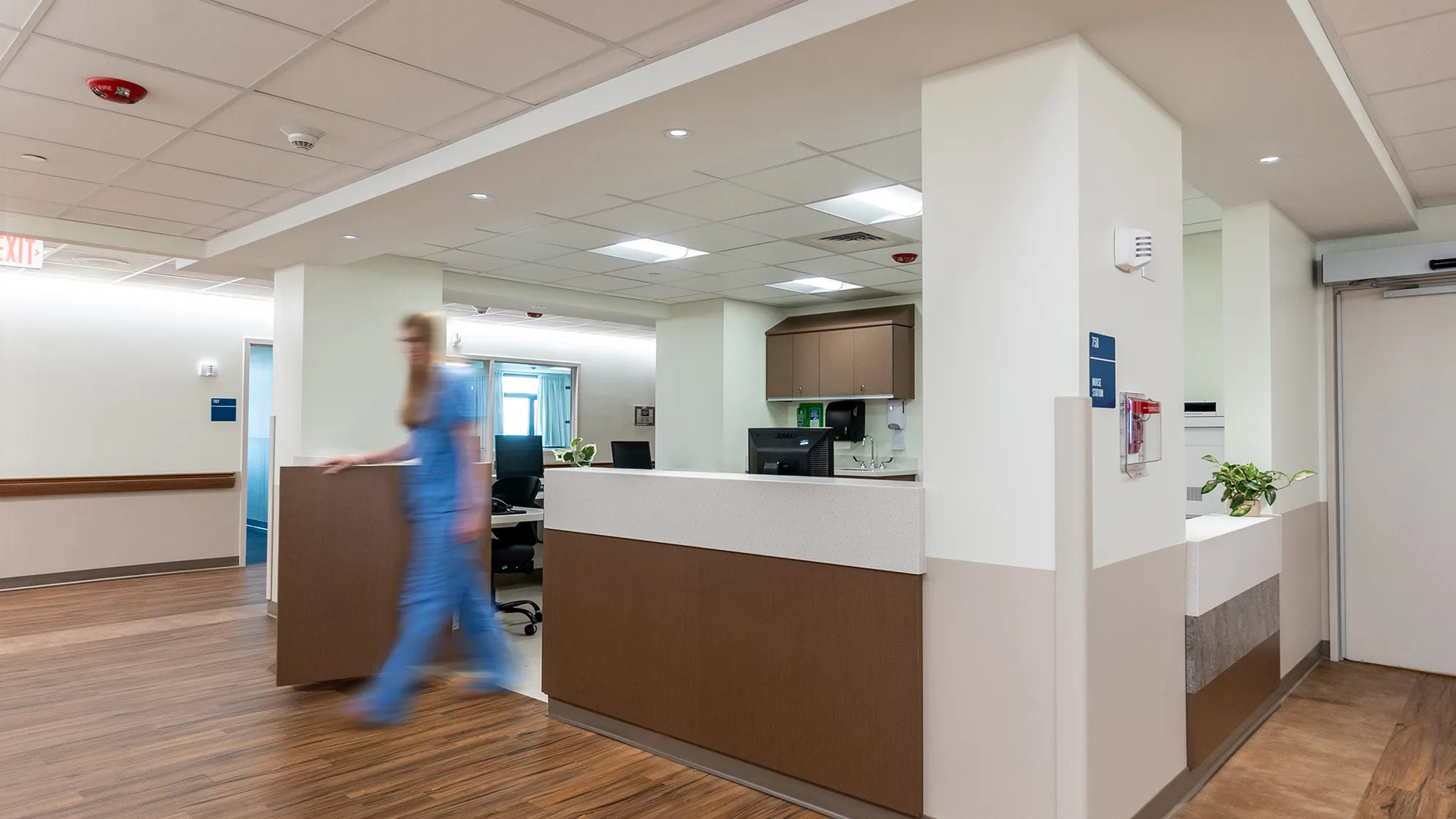 Interior view of a staff station in a medical facility.