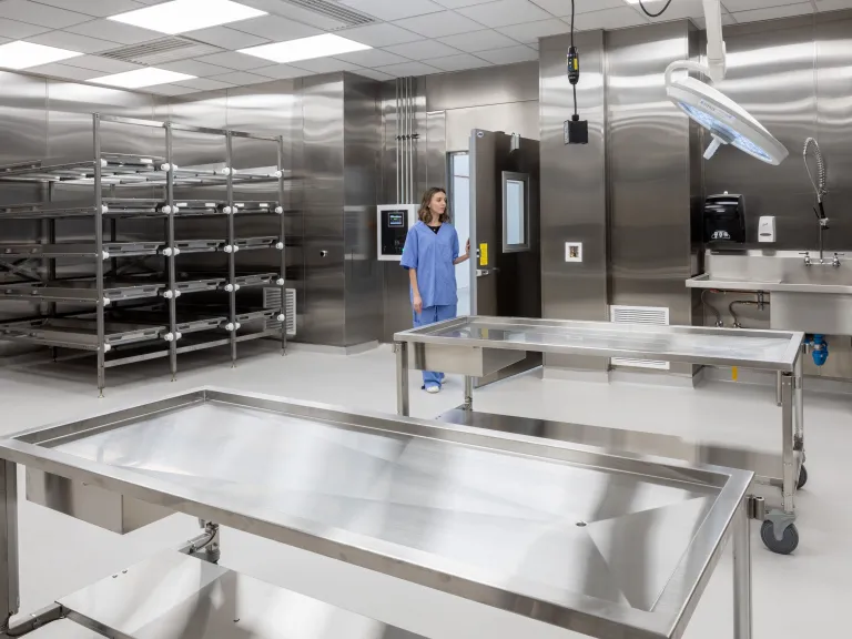 stainless steel prep lab with cadaver storage