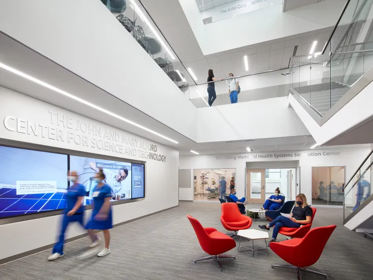 Interior lobby view of the John and Mary Alford Center for Science and Technology.